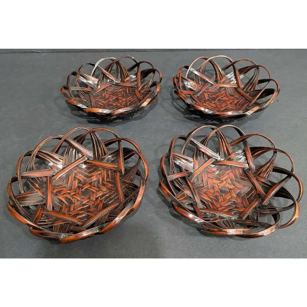 4 Wabi Sabi Woven Bamboo Coaster Set Boho Zen Lacquered Japanese Tea Saucer